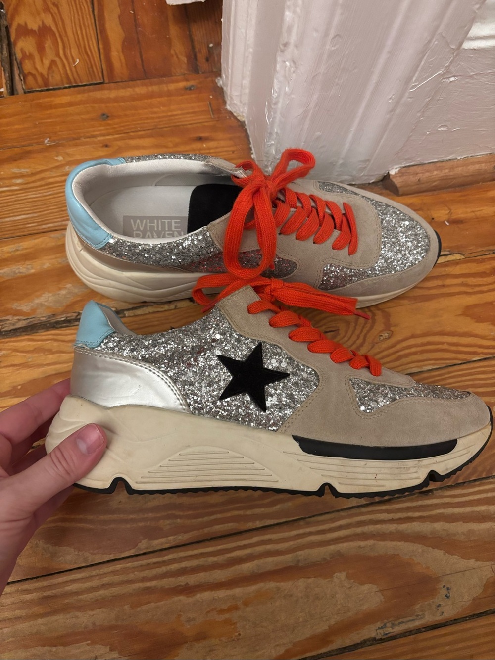 White Brand Glitter Star Sneakers with Orange Laces